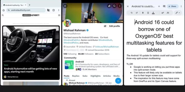 اندروید ۱۶ احتمالاً اجرای هم‌زمان ۳ اپلیکیشن روی نمایشگر تبلت‌ها را ممکن می‌کند